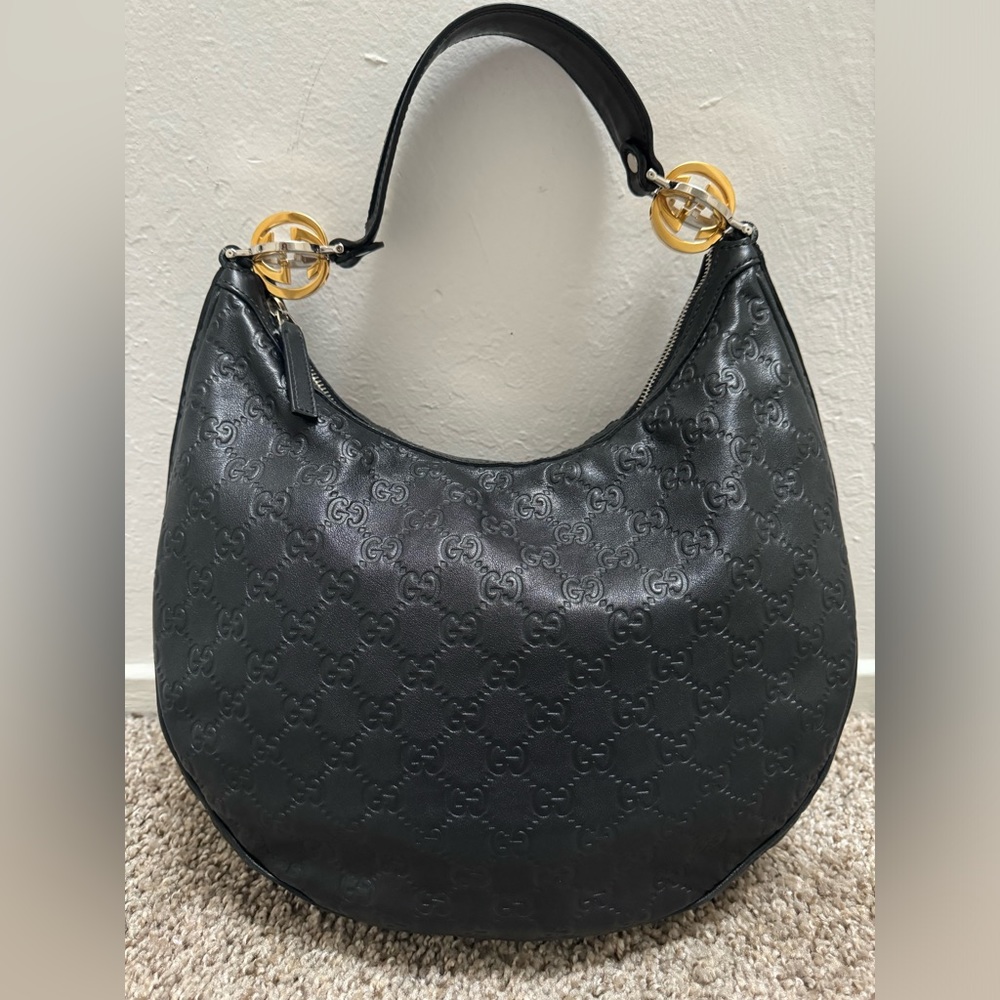 Authentic Gucci Guccisima Hobo Bag Black Leather with Silver and Gold hardware